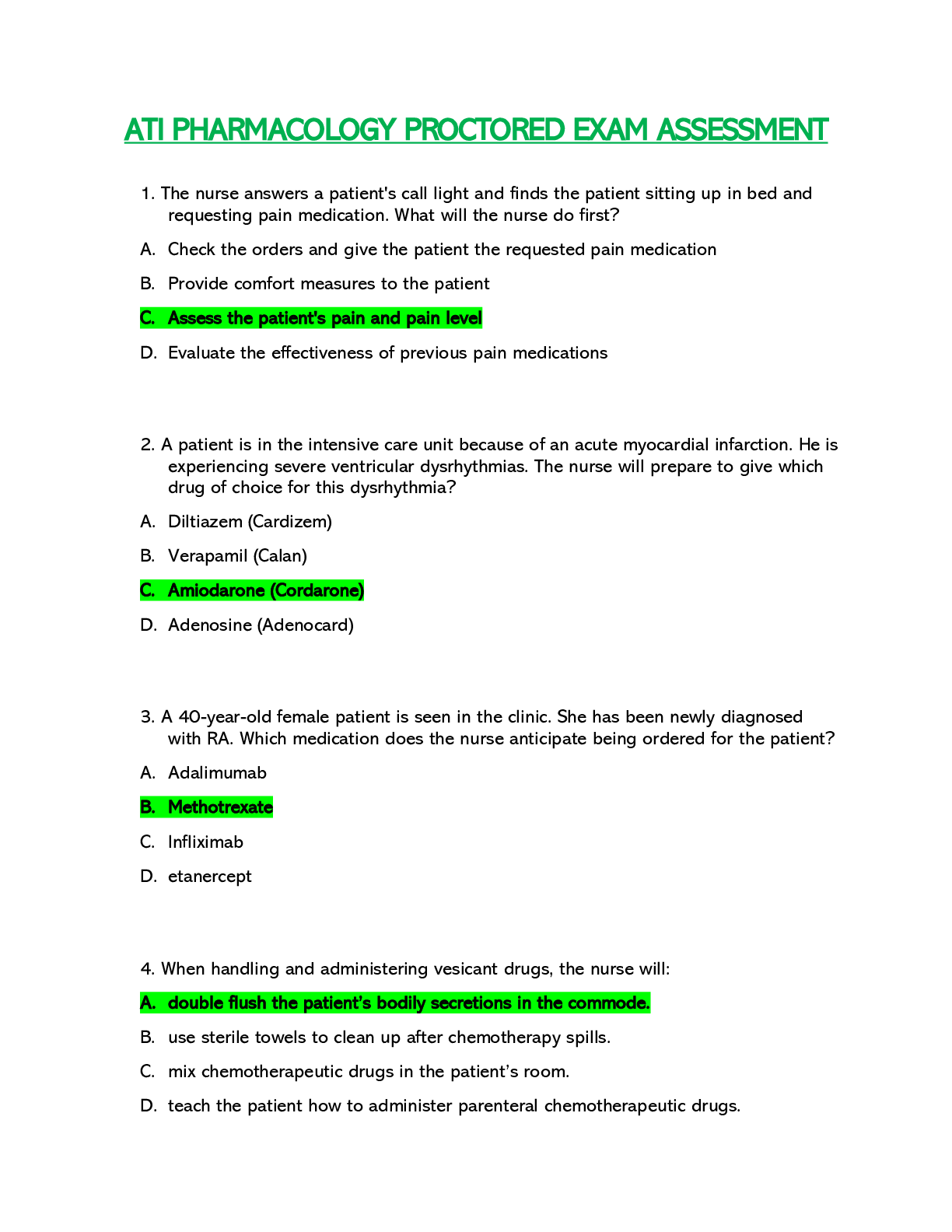 Preview of PHARMACOLOGY ATI PROCTORED EXAM ASSESSMENT [100 Q & A]